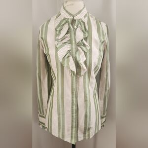 J. Crew 100% Silk Green and Beige Striped Ruffle Blouse In S